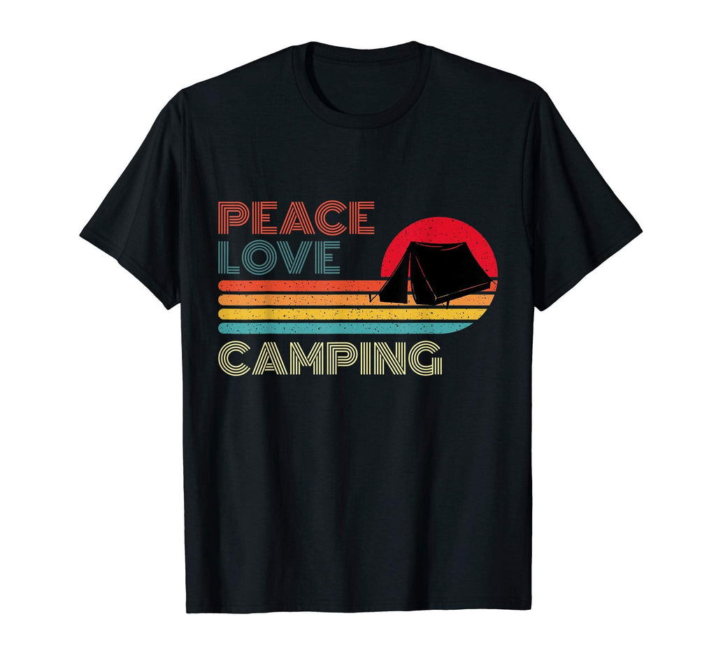 Peace Love Camping Striped Sunset Outdoor T-Shirt - Streetwear Style Unisex