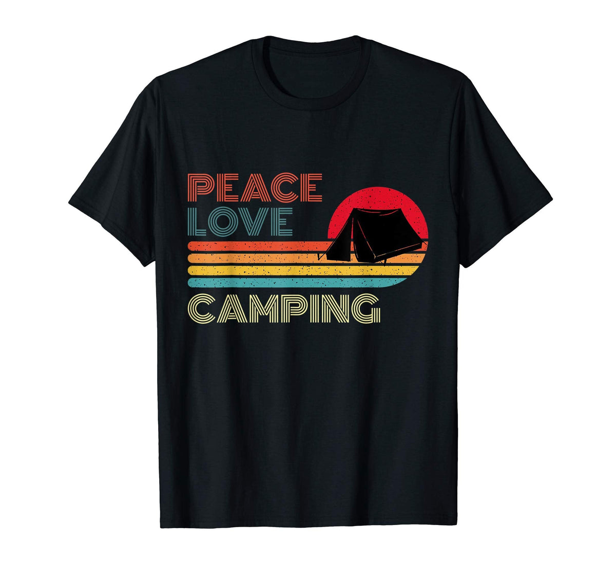 Peace Love Camping Striped Sunset Outdoor T-Shirt - Streetwear Style Unisex