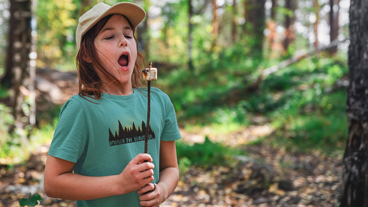 America The Beautiful® Magical Forest Youth Girls Cotton Camping Graphic T-shirt in forest green