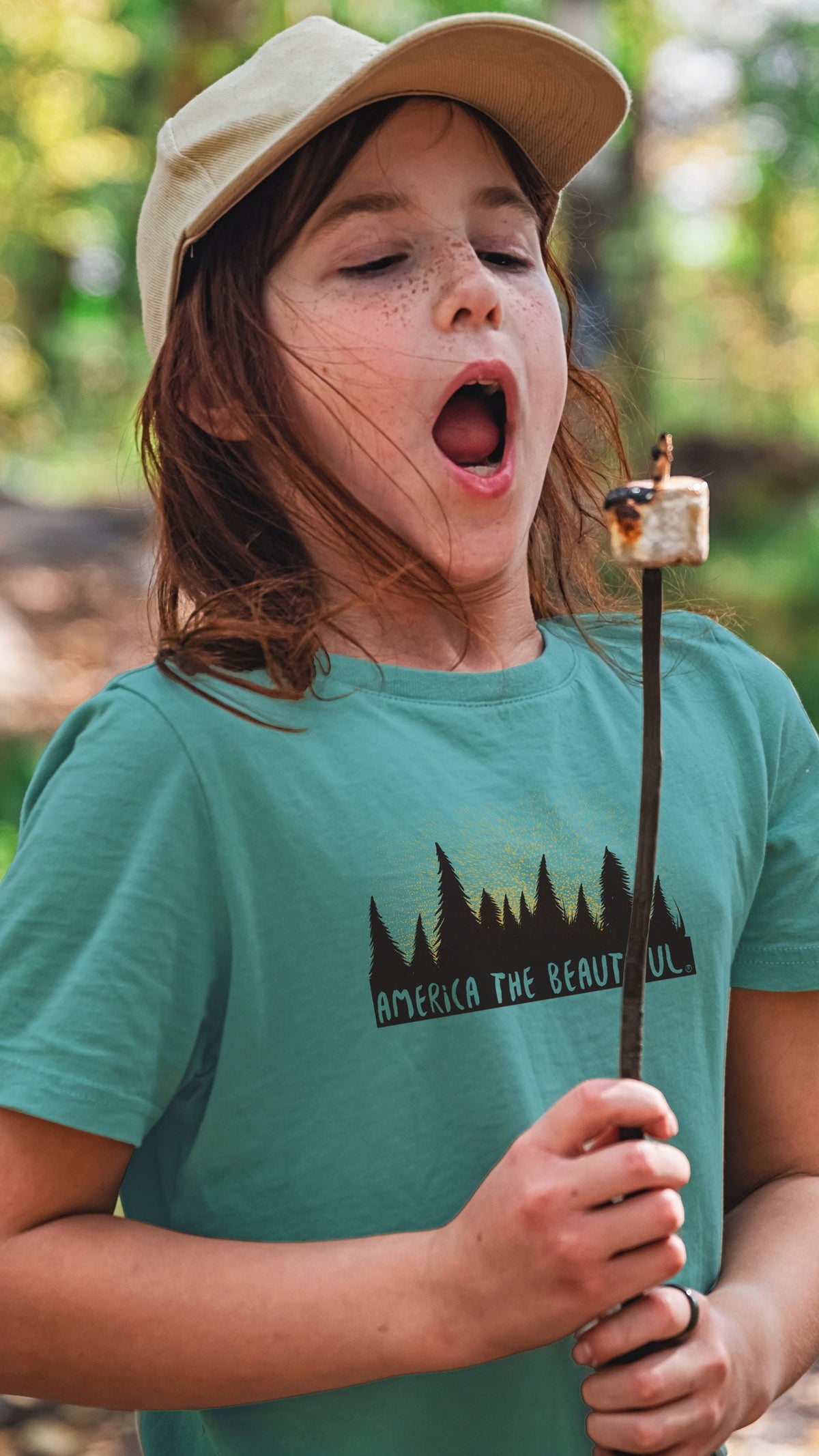 America The Beautiful® Magical Forest Youth Girls Cotton Camping Graphic T-shirt in forest green