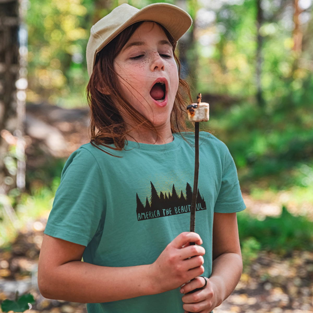 America The Beautiful® Magical Forest Youth Girls Cotton Camping Graphic T-shirt in forest green