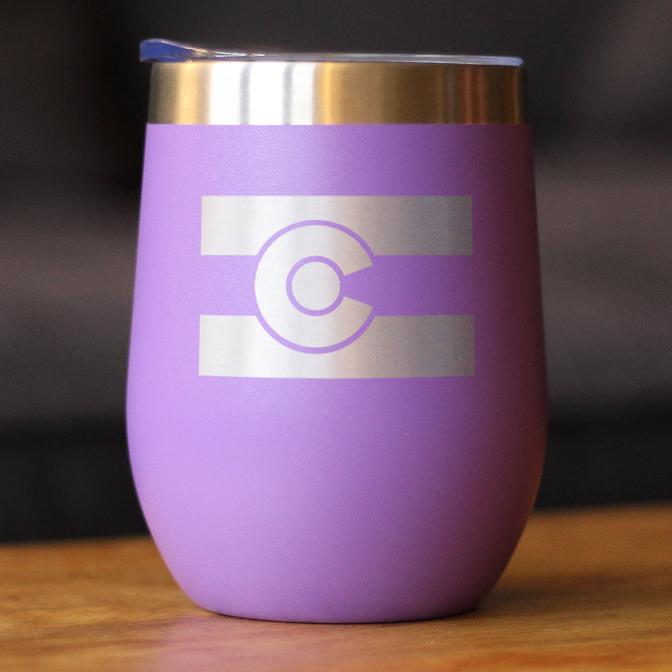 Colorado Flag - Wine Tumbler with Sliding Lid - Stemless Stainless Steel Insulated Cup - Cute Outdoor Camping Mug